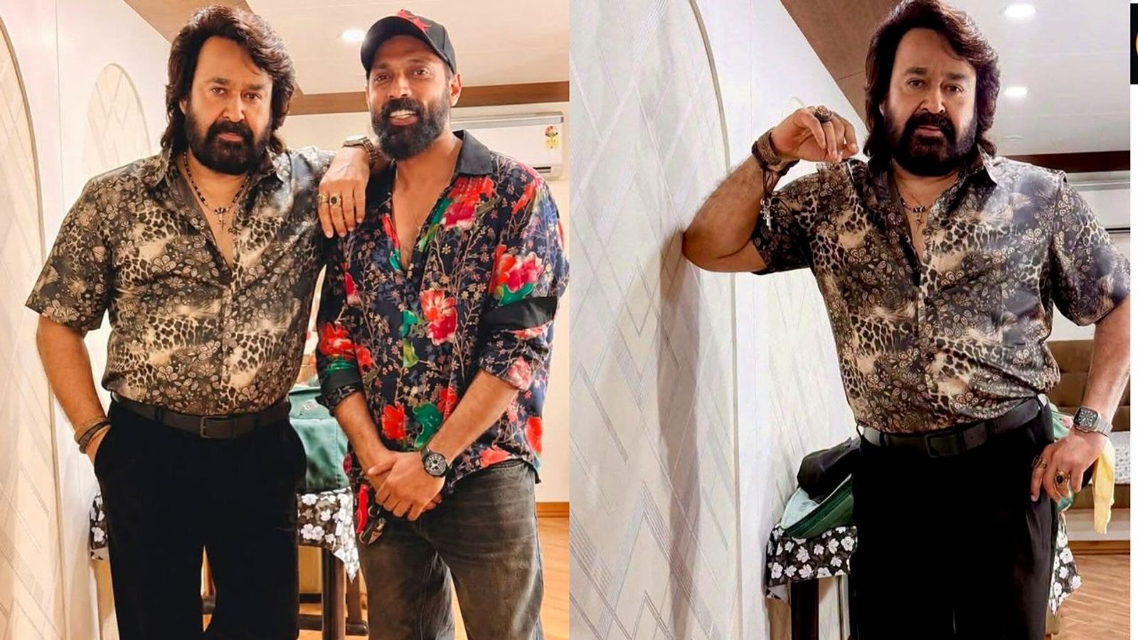 Mohanlal in his Jailer 2 printed-shirt look, posing with costume designer Jishad Shamsudeen