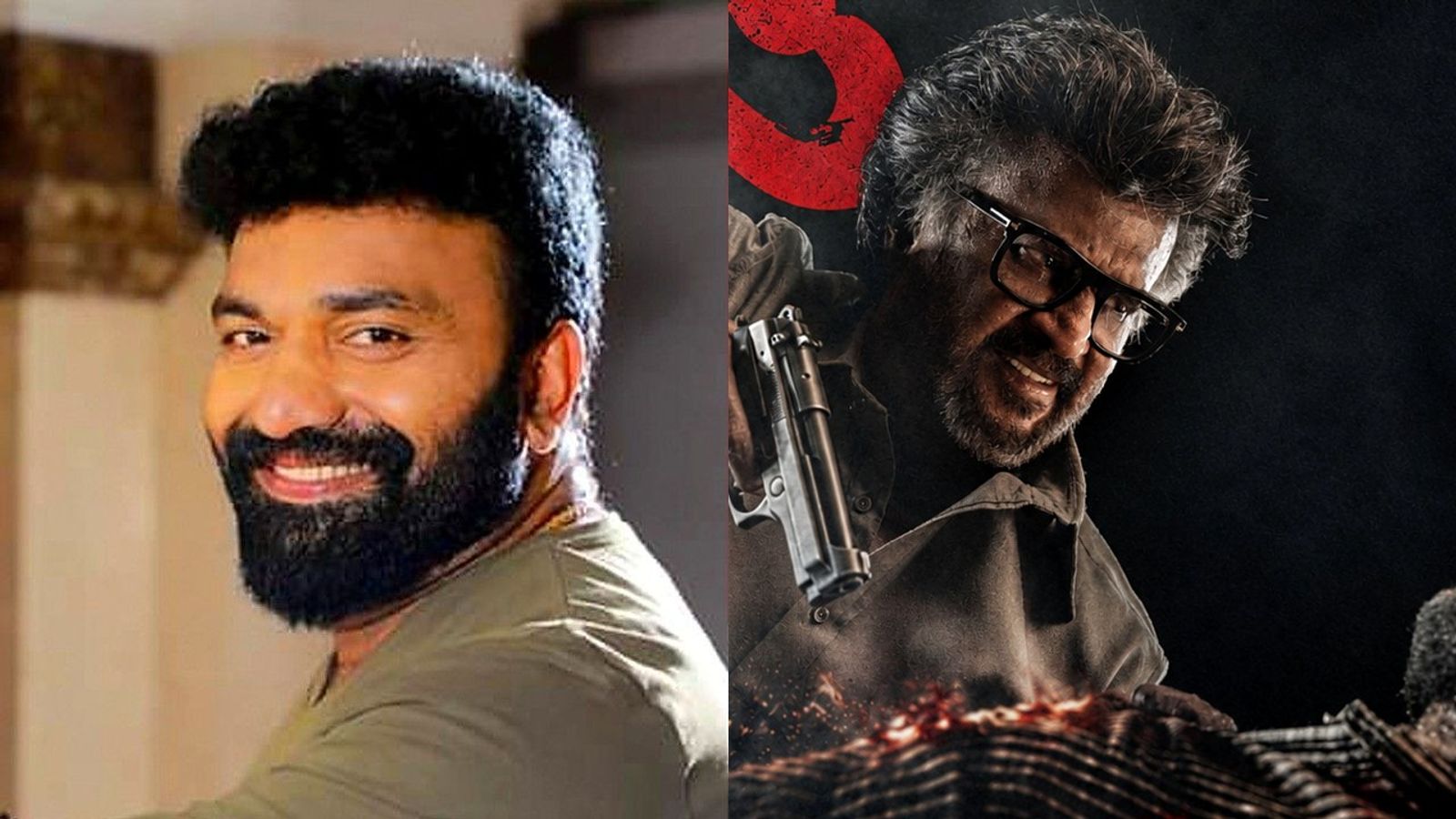Kottayam Nazeer smiling beside Rajinikanth in glasses holding a gun on a Jailer 2 poster