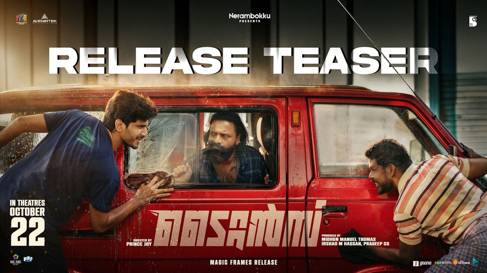 Jayasurya and Vinayakan around a red jeep in the Titans release teaser title card