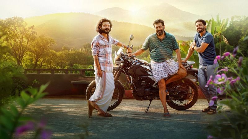 Biju Menon on a motorbike with his two sons in Avaraachan & Sons Netflix key art