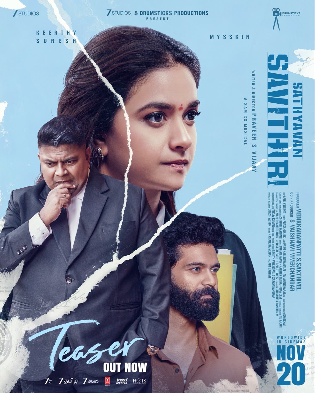 Keerthy Suresh and Mysskin on the Sathyavan Savithiri teaser poster