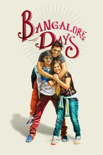 Bangalore Days poster with the three cousins posing together under the hand-lettered title