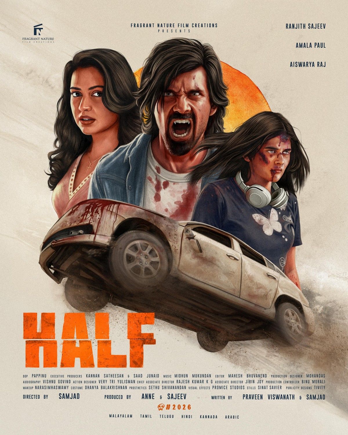 Half poster with Aiswarya Raj and a snarling bloodied man above a wrecked car