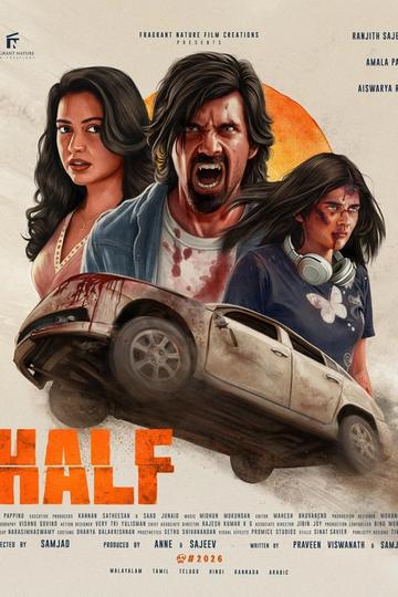 Half poster with Aiswarya Raj and a snarling bloodied man above a wrecked car