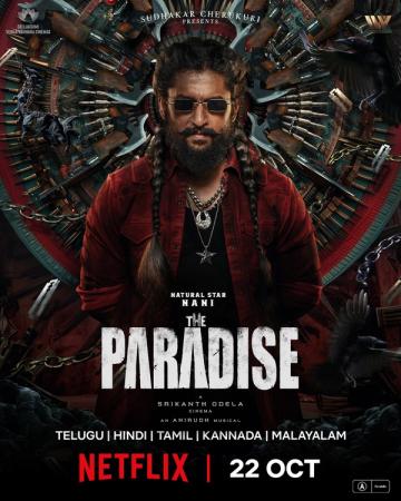 The Paradise poster showing Nani as Jadal with long braided hair, a thick beard, dark glasses and a red shirt, against a circular wall of weapons, with the Netflix 22 October date