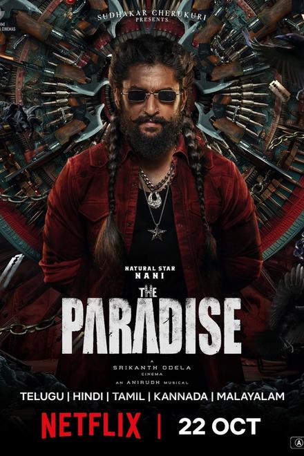 The Paradise poster showing Nani as Jadal with long braided hair, a thick beard, dark glasses and a red shirt, against a circular wall of weapons, with the Netflix 22 October date
