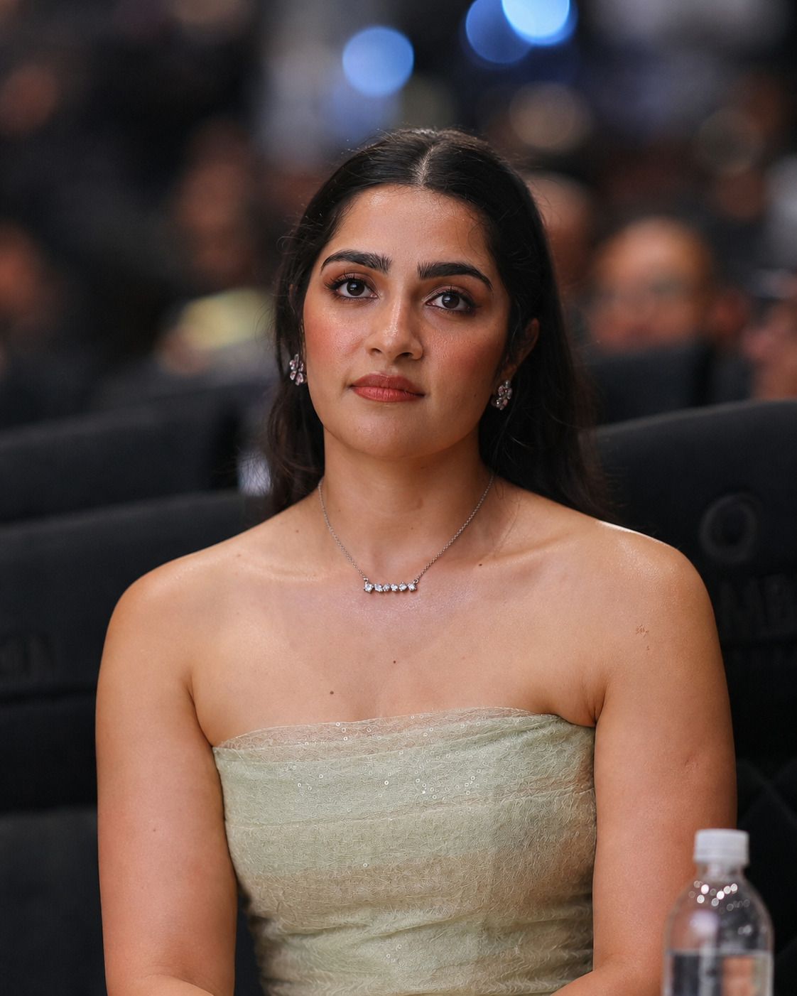 Rukmini Vasanth in a strapless outfit at an event