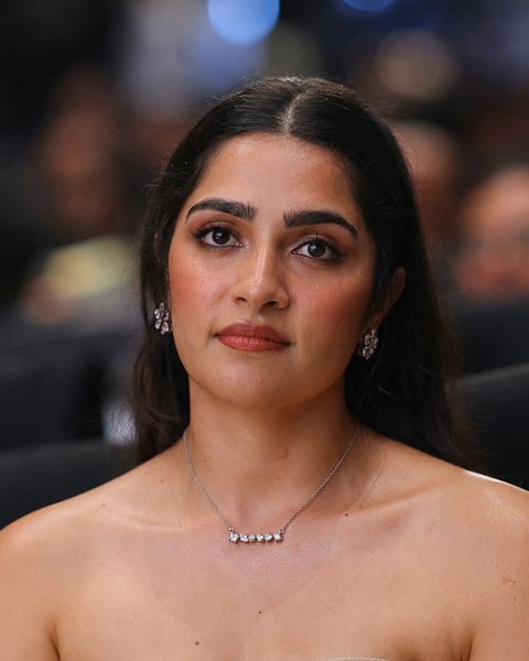 Rukmini Vasanth in a strapless outfit at an event
