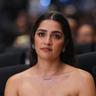Rukmini Vasanth in a strapless outfit at an event