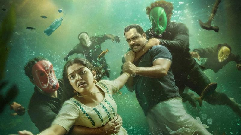 Sajin Gopu and Nikhila Vimal struggle underwater among masked men in the Dhoomakethu Netflix poster.