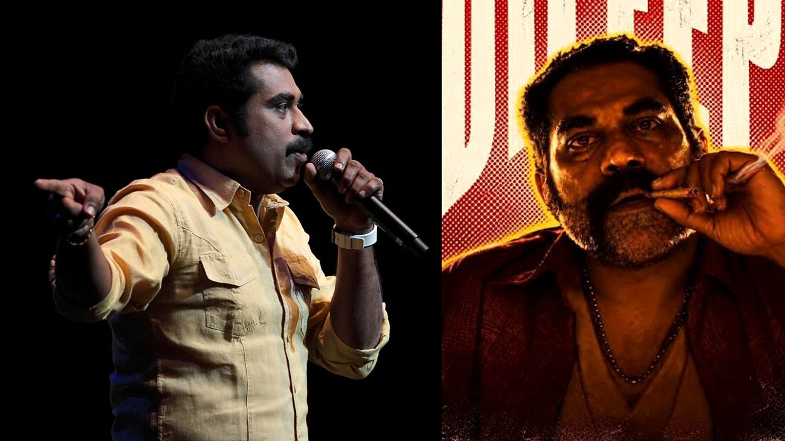 Suraj Venjaramoodu performing on stage, next to his Jailer 2 prosthetic look as the villain Dileep