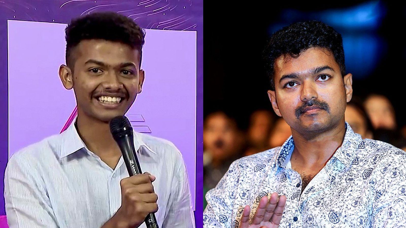 Mathew Thomas smiling with a microphone beside Vijay in a printed shirt at an audio launch.