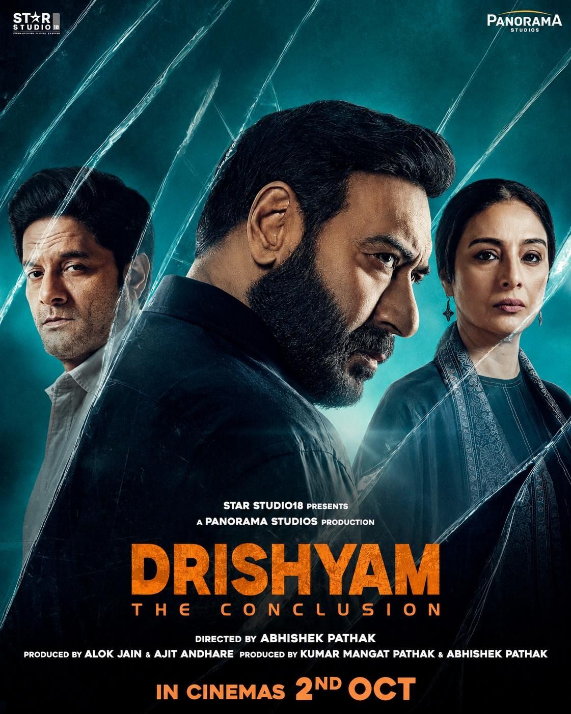 Drishyam: The Conclusion poster with Ajay Devgn, Tabu and a third man against cracked glass