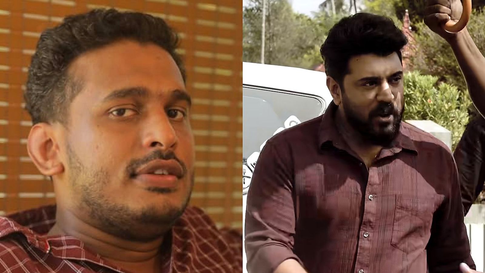 Girish AD in a checked shirt beside Nivin Pauly in a maroon shirt on the Bethlehem Kudumba Unit set.
