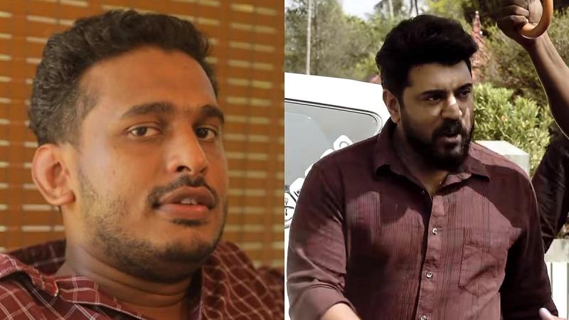 Girish AD in a checked shirt beside Nivin Pauly in a maroon shirt on the Bethlehem Kudumba Unit set.