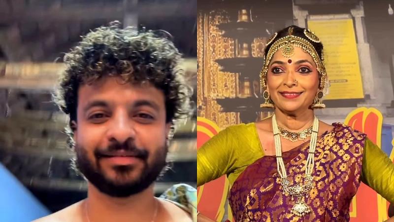 Neeraj Madhav smiling in a selfie beside his mother Latha Madhavan in Bharatanatyam costume on stage