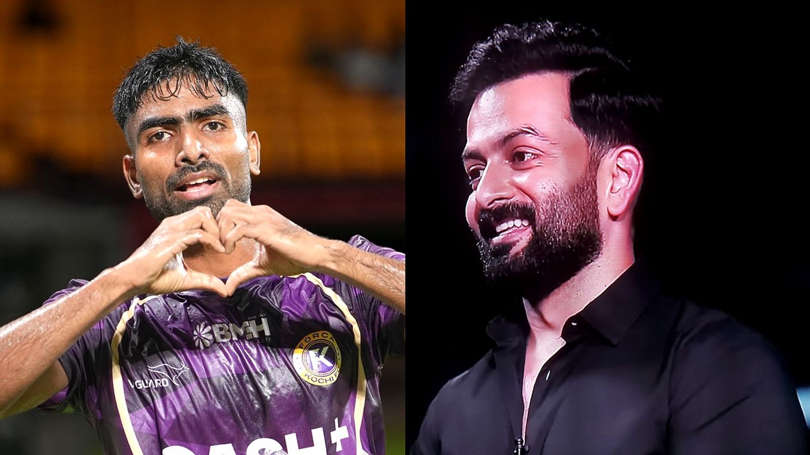 Forca Kochi's Rahul Raju making a heart sign, next to a laughing Prithviraj Sukumaran