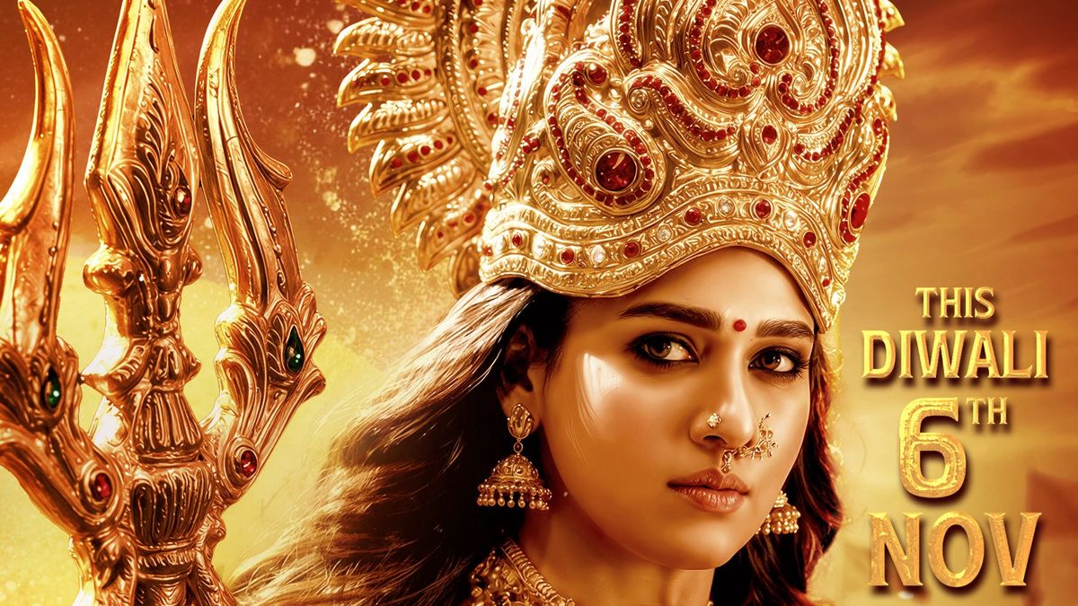 Nayanthara as the goddess holding a trident in the Mookuthi Amman 2 poster