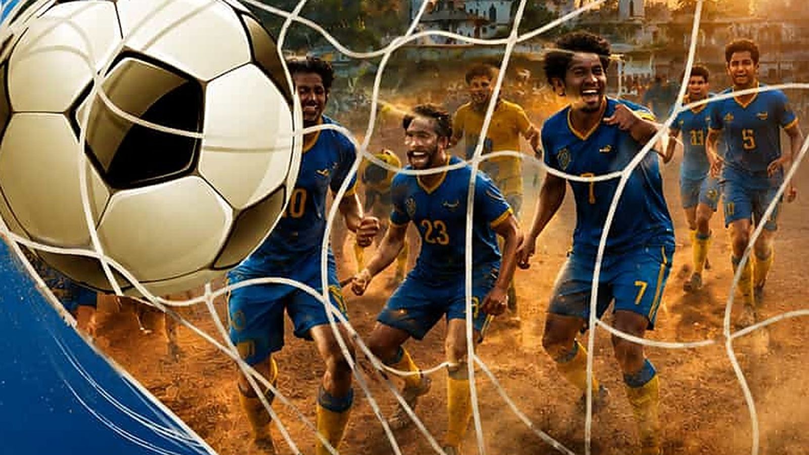 Footballers in blue jerseys celebrate behind a goal net on a dusty ground in the Whistle poster