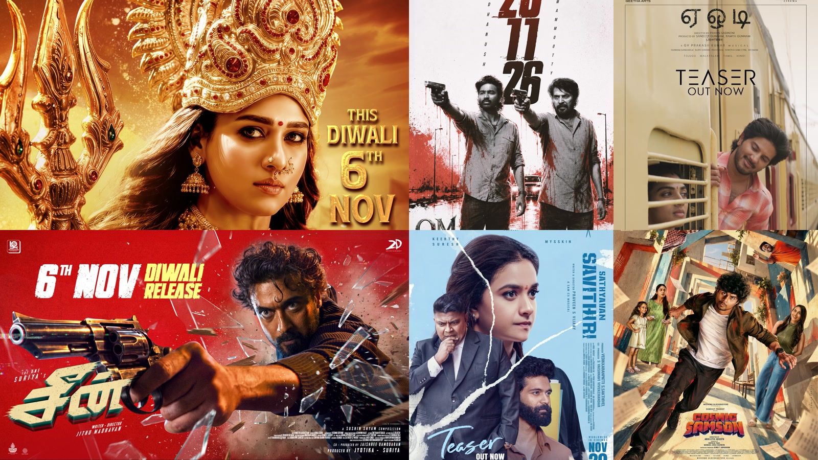 Collage of November 2026 release posters: Mookuthi Amman 2, Scene, OM, Aakasamlo Oka Tara, Sathyavan Savithiri, Cosmic Samson