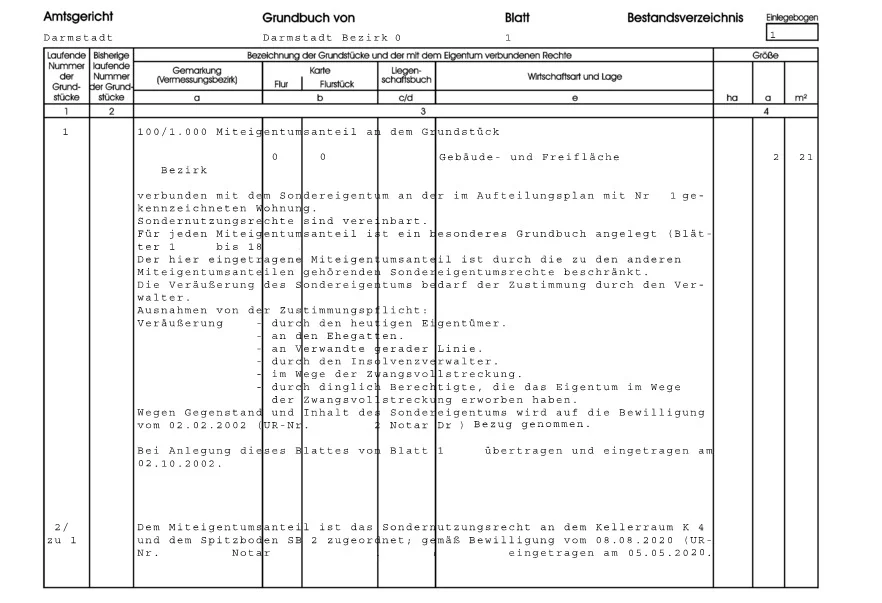 Exemplarischer Grundbuchauszug Darmstadt