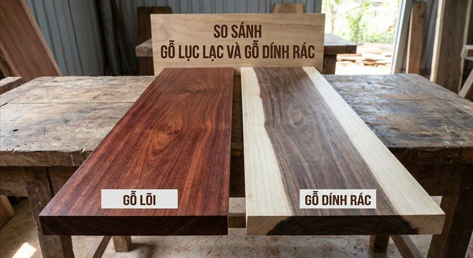 Gỗ Lục Lạc Là Gì? Vì Sao Đồ Gỗ Trọng Hiếu Kiên Định Chỉ Dùng 100% Gỗ Lõi Làm Trường Kỷ? so sánh gỗ lục lạc và gỗ dính rác