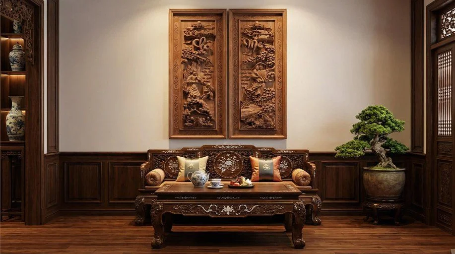 Góc nghiêng đôi tranh gỗ đục tay Công Cha Nghĩa Mẹ thần thái Đồ Gỗ Trọng Hiếu.