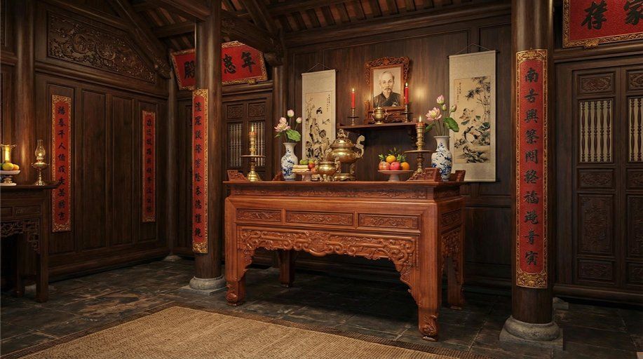 Sập thờ gỗ gụ Lào đục tay thủ công tinh xảo tại xưởng Đồ Gỗ Trọng Hiếu.