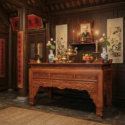 Sập thờ gỗ gụ Lào đục tay thủ công tinh xảo tại xưởng Đồ Gỗ Trọng Hiếu.