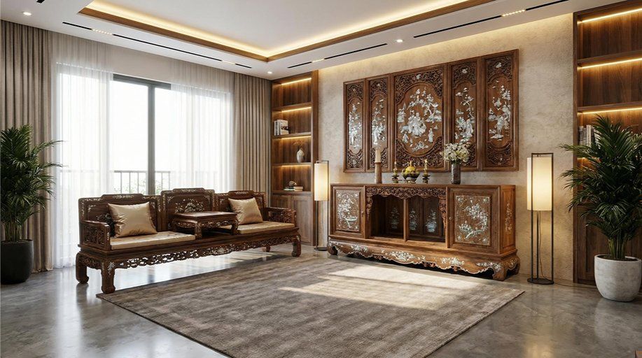 Tủ chè gỗ gụ mật khảm ốc đỏ lửa vàng chanh, sản phẩm Đồ Gỗ Trọng Hiếu.