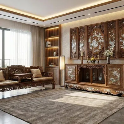 Tủ chè gỗ gụ mật khảm ốc đỏ lửa vàng chanh, sản phẩm Đồ Gỗ Trọng Hiếu.