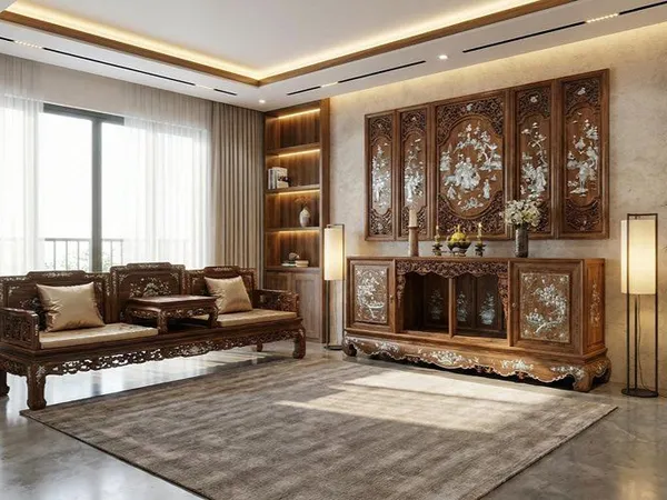 Tủ chè gỗ gụ mật khảm ốc đỏ lửa vàng chanh, sản phẩm Đồ Gỗ Trọng Hiếu.
