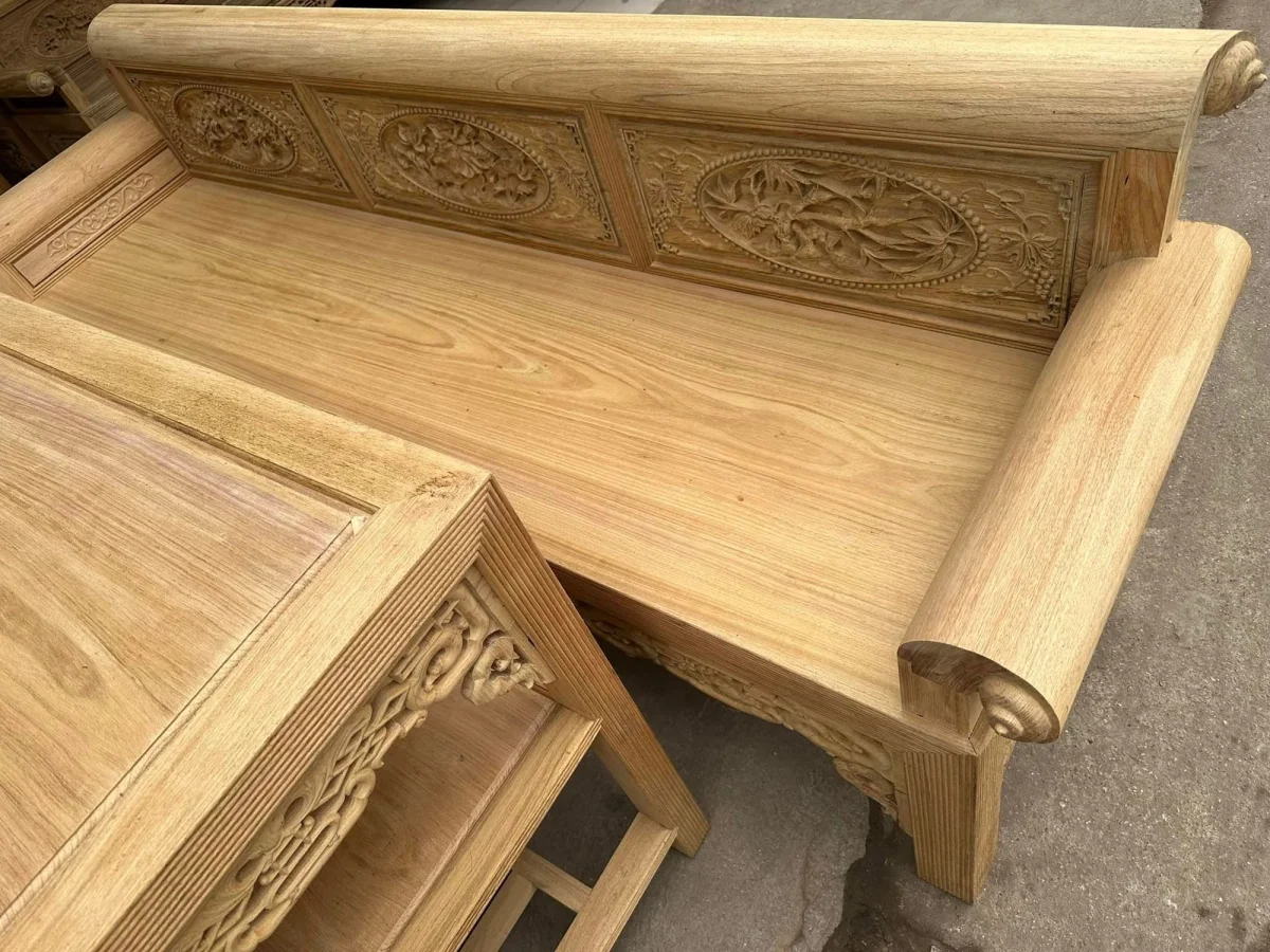 Góc chụp thứ hai bộ Trường Kỷ Gỗ Gụ Lào Đục Tứ Quý từ Đồ Gỗ Trọng Hiếu.