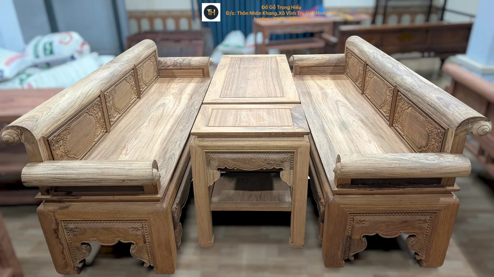Bộ trường kỷ gỗ gụ Lào 2m37 chân 11 hàng mộc 4 món