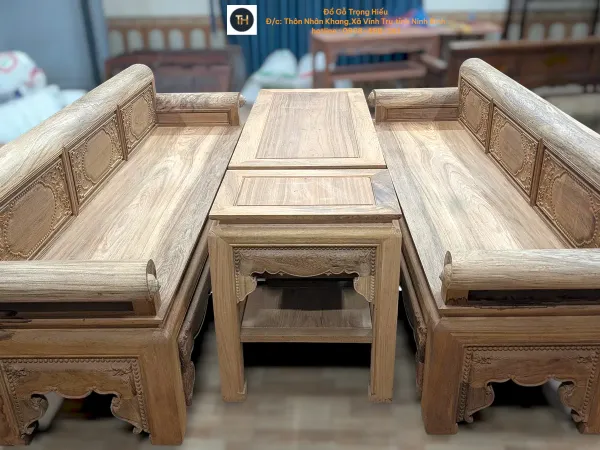 Bộ trường kỷ gỗ gụ Lào 2m37 chân 11 hàng mộc 4 món