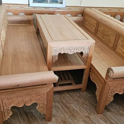Trường kỷ gỗ Gụ Lào 2m19 đục tay tích Tứ Quý nền tại Đồ Gỗ Trọng Hiếu.