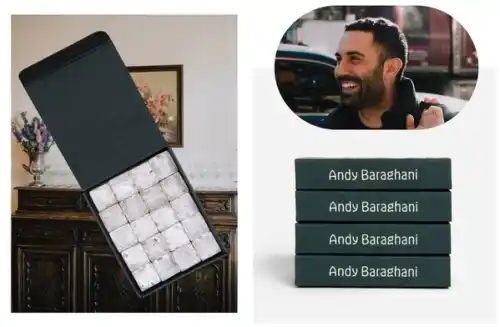 Left: Open box of edibles made by Andy Baraghani. Right: Andy Baraghani portrait and stack boxes of Rose Delights cbd gummies.