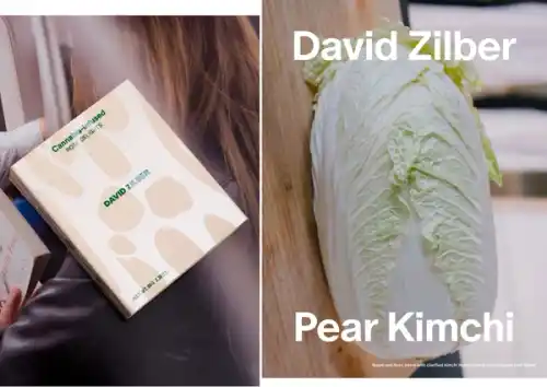 David Zilber Pear Kimchi Rose Delights packaging and cabbage side by side.