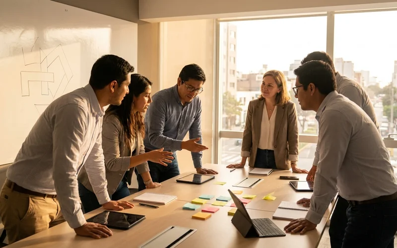 Facilitador guiando a líderes de tecnología en una dinámica de decisiones y coordinación