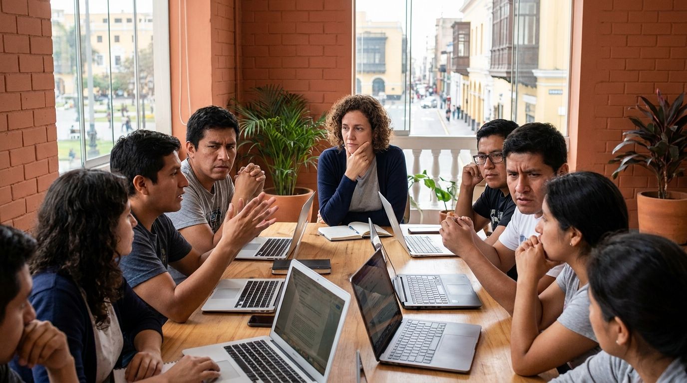 Equipo diverso de tecnología practicando una conversación difícil alrededor de una mesa en Lima