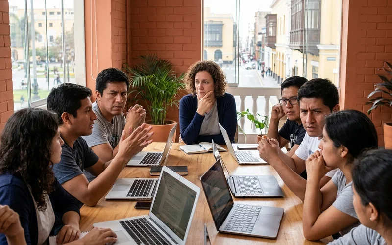 Equipo diverso de tecnología practicando una conversación difícil alrededor de una mesa en Lima