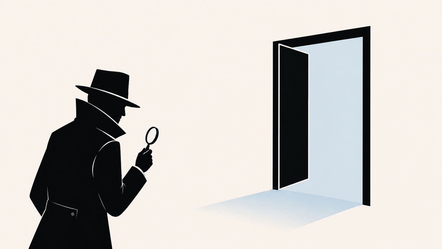 Black silhouette of a spy holding a magnifying glass while looking towards an open blue-lit doorway.