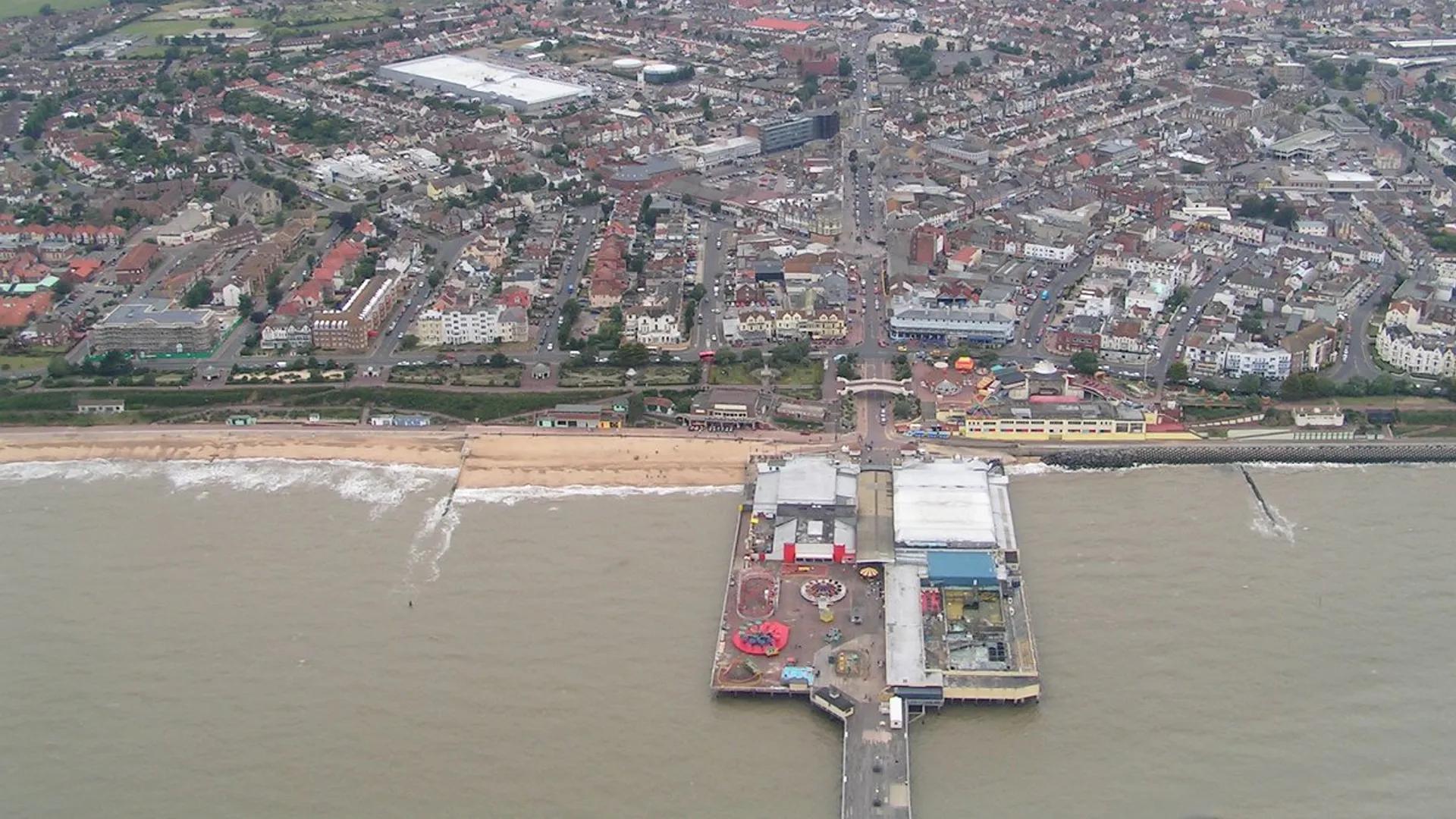Aerial view of Clacton-on-Sea seafront and town centre.