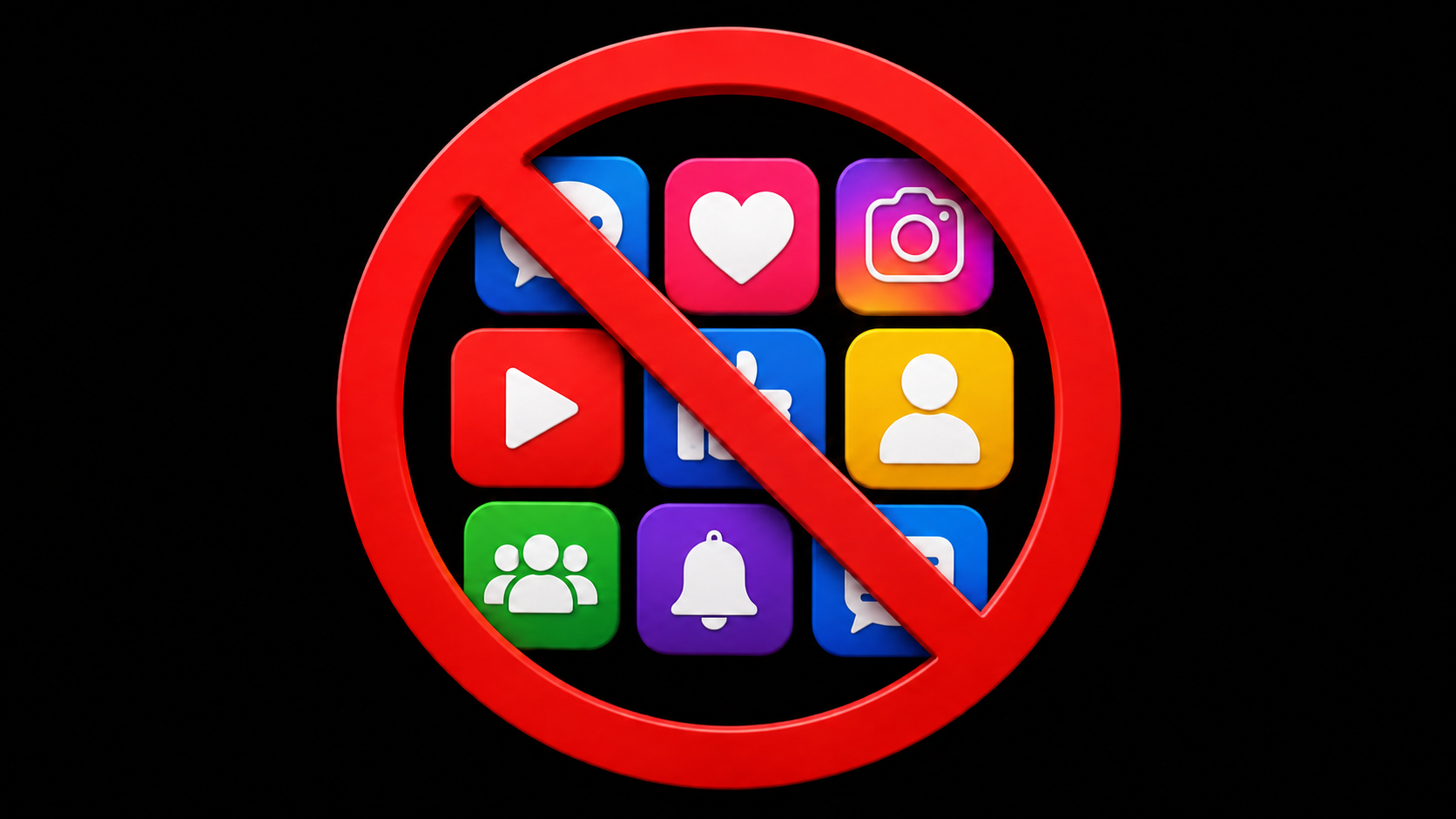 Generic social media icons on a black background covered by a red ban symbol, representing the UK’s planned under-16 social media ban.