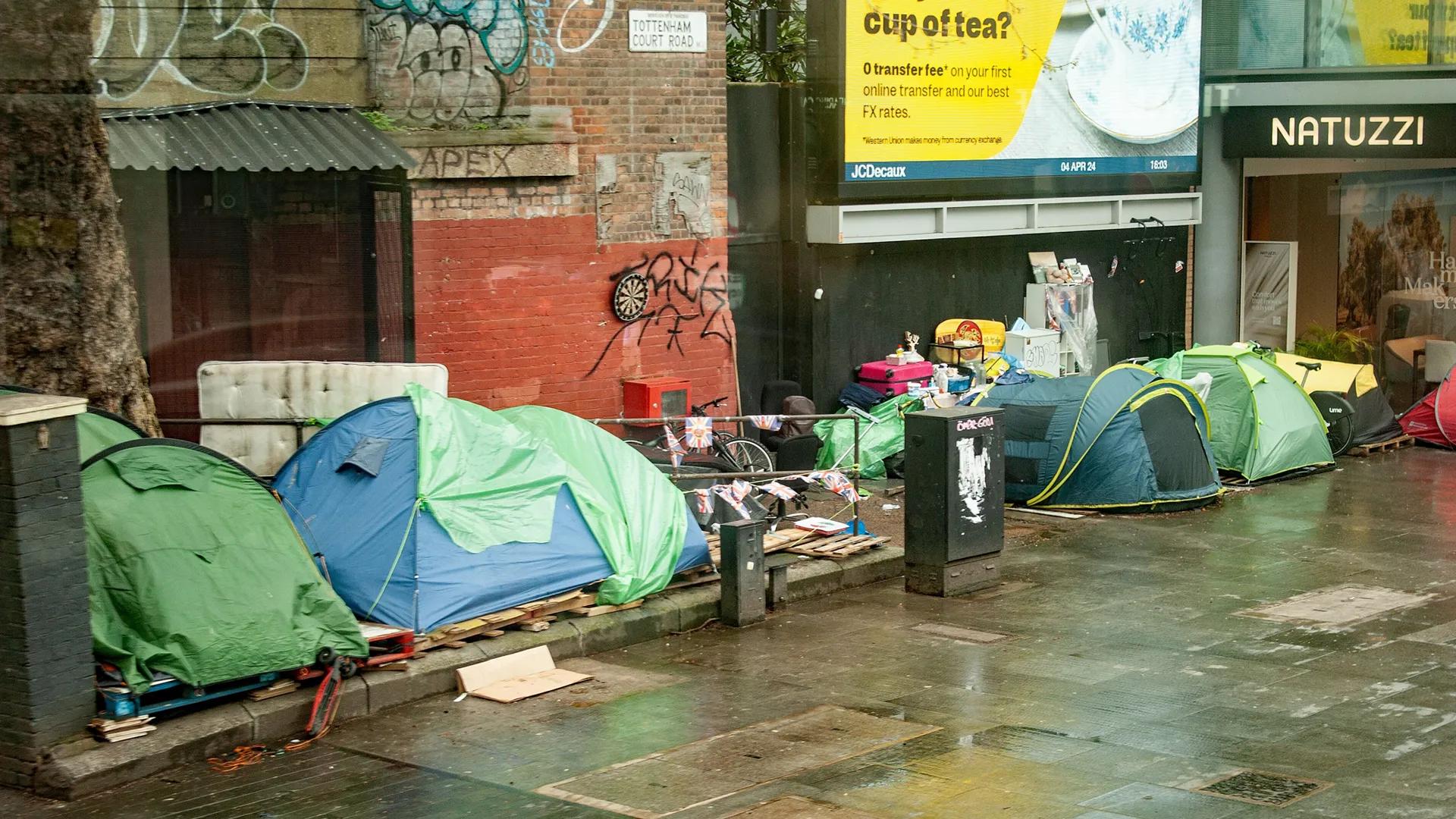 Tents used by homeless people on Tottenham Court Road in Camden, London.