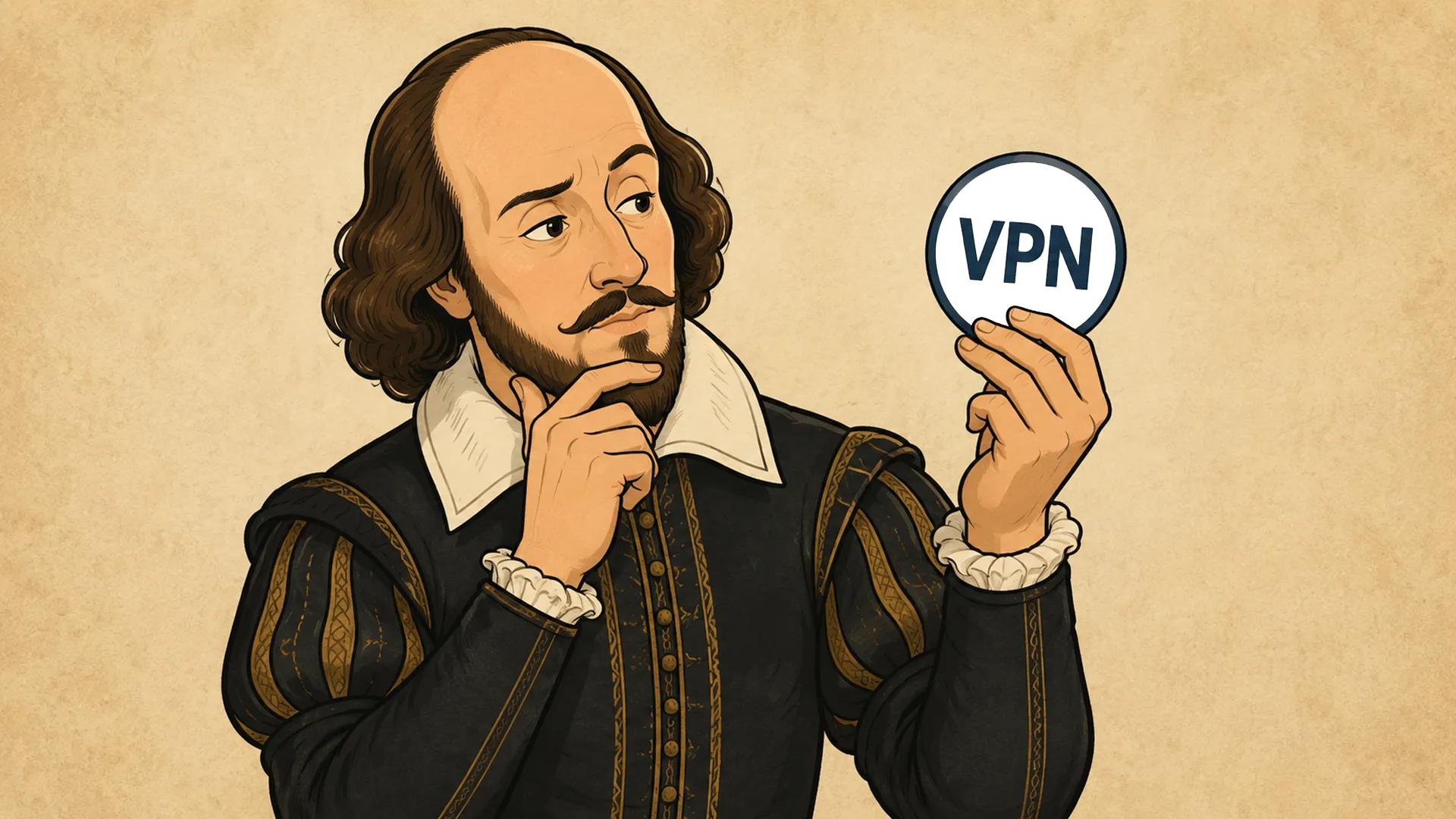 Cartoon illustration of Shakespeare looking thoughtfully at a circular VPN symbol in his hand.