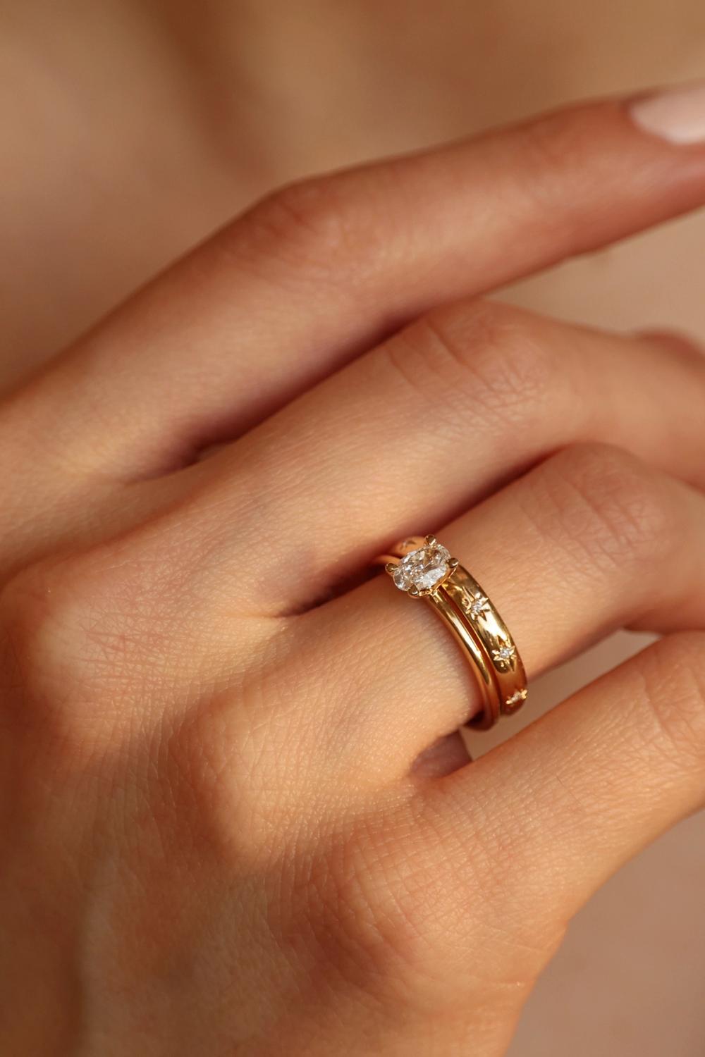 Oval lab-grown diamond ring stacked with solid gold band - Nangi