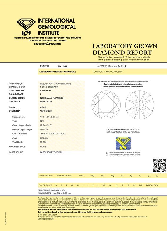 Et eksempel på sertifikat for lab-dyrkede diamanter 