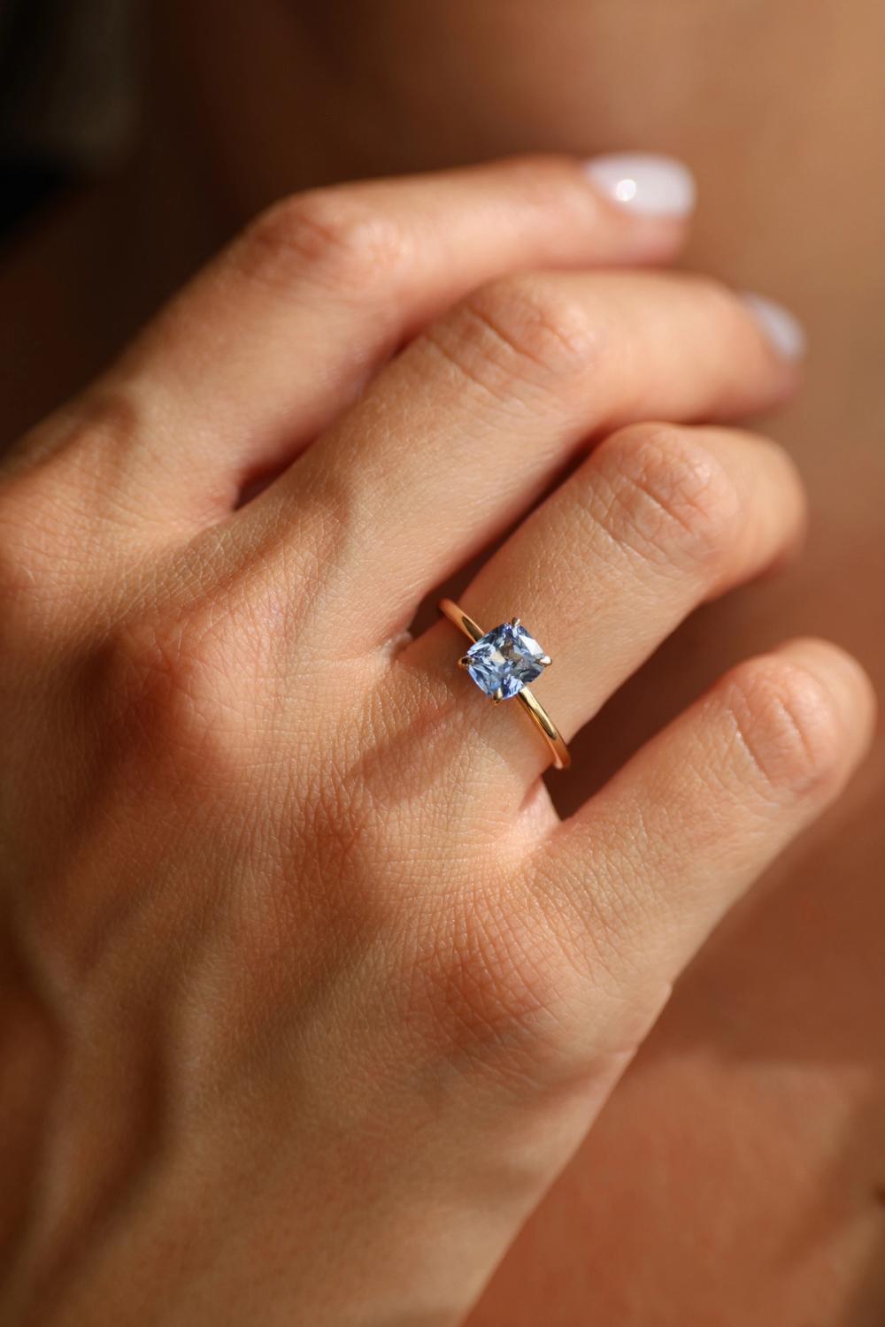 Cornflower Sky Cushion Sapphire Ring in 14K Yellow Gold 