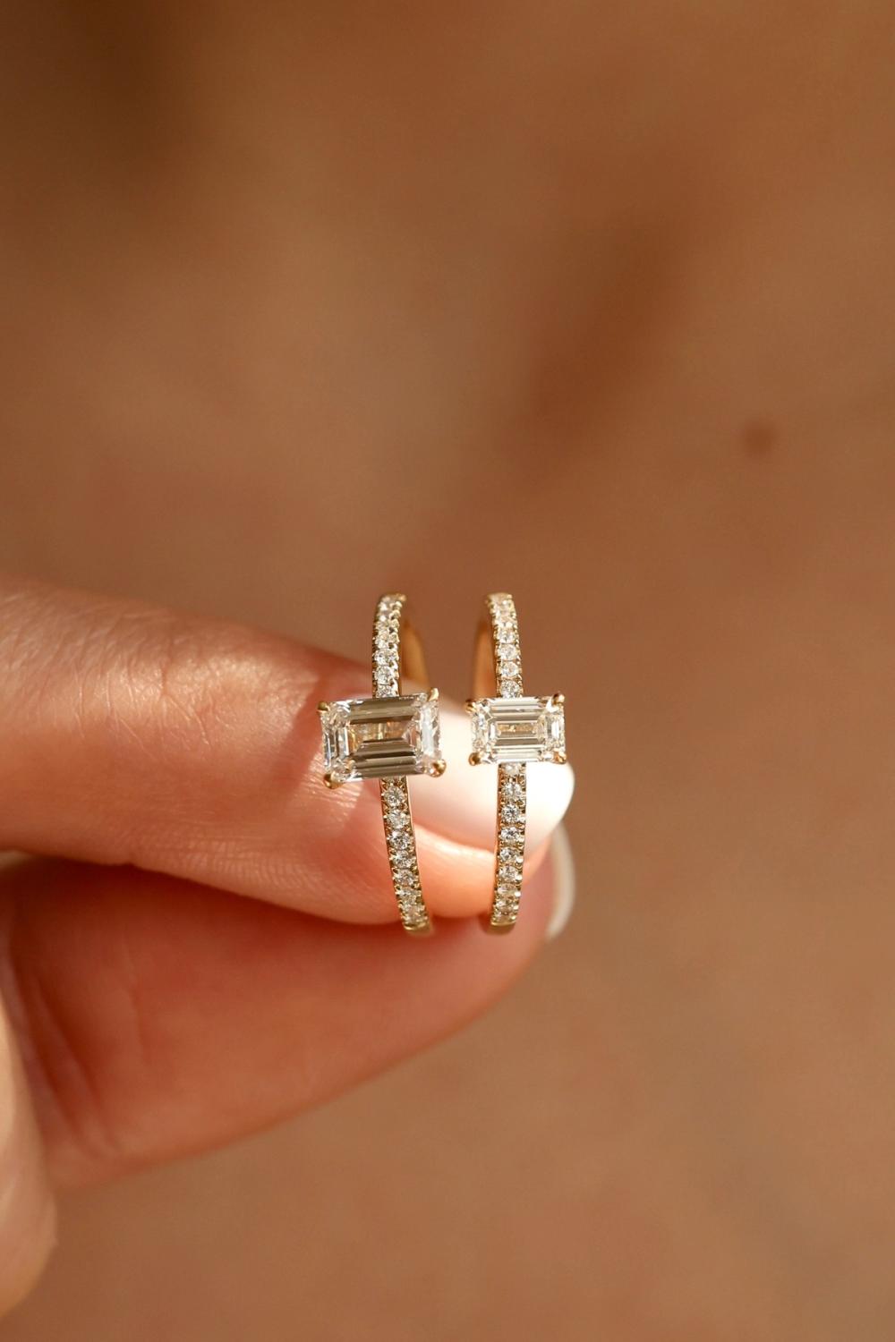 Emerald cut lab-diamond ring set in 14k yellow gold